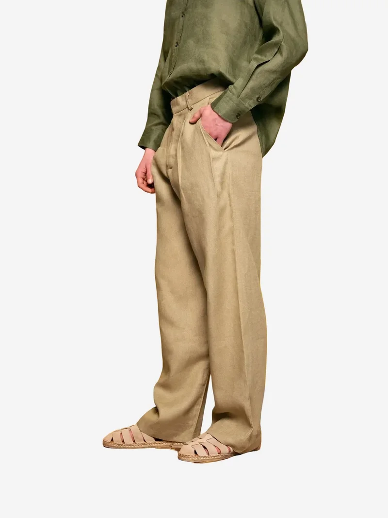 Giesto Khaki Green GIESTO Linen Pleated Straight Leg Pants for Men | Best Price UAE